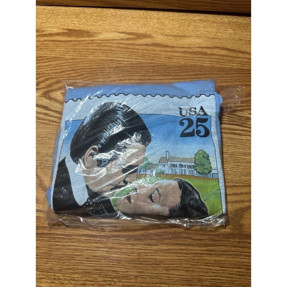 Vintage Gone With The Wind Poster Stamp T-Shirt 1990 USPS NOS Blue Men’s Size L - Picture 1 of 7